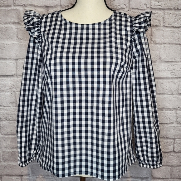 J Crew Top Blue White Plaid Long Sleeve Ruffle Shoulder Keyhole Back Size S - Picture 3 of 9